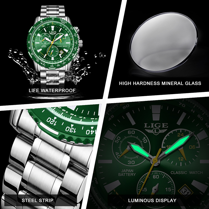 LIGE New Green Big Dial Watch  - Luxury Watch Name avis et prix